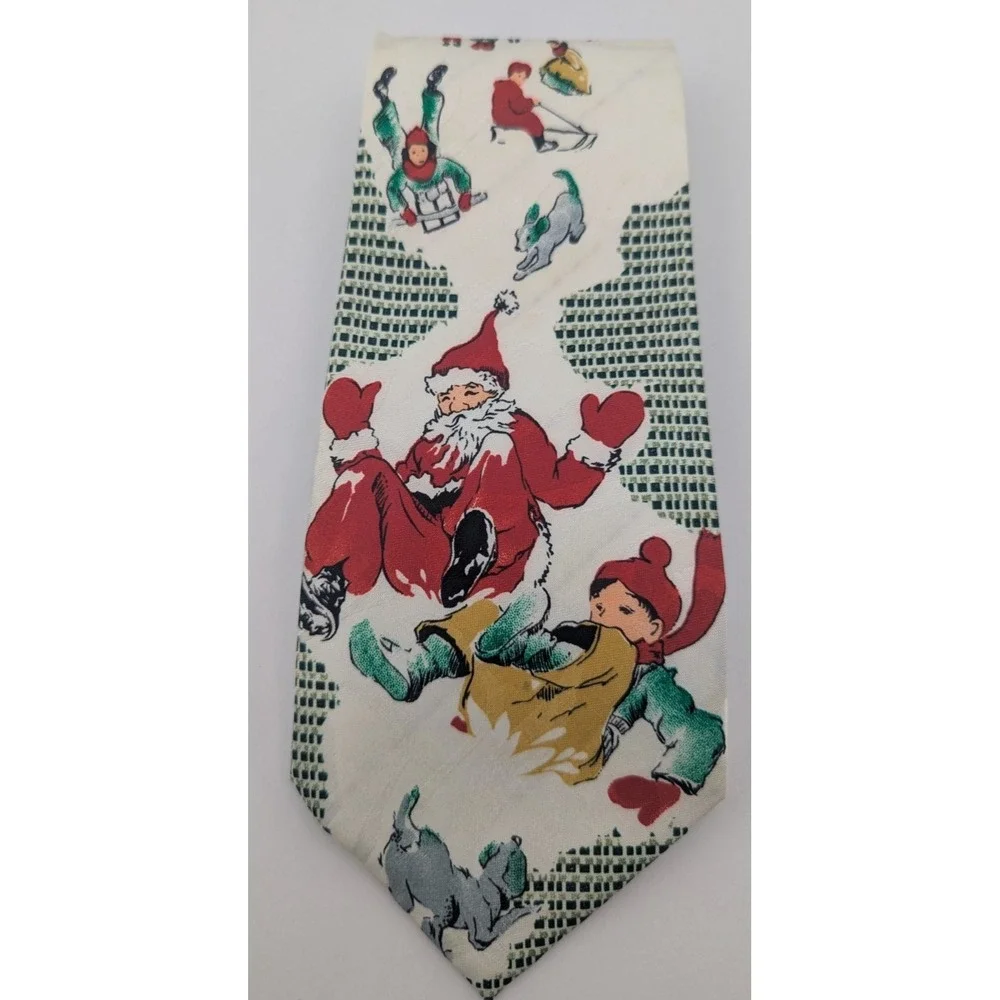 VTG Santa Tie 100% Silk Hallmark Holiday Tradition Christmas USA Made Sledding